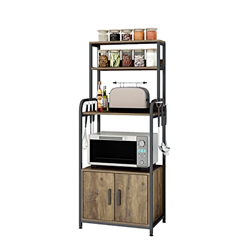 Kitchen Baker\s Rack with Hutch and Storage Cabinet, 4-Tier Industrial Kitchen Microwave Oven Stand with 6 S-Hooks, Free Standing Kitchen Pantry Cabinets, Easy Assembly, Rustic Brown